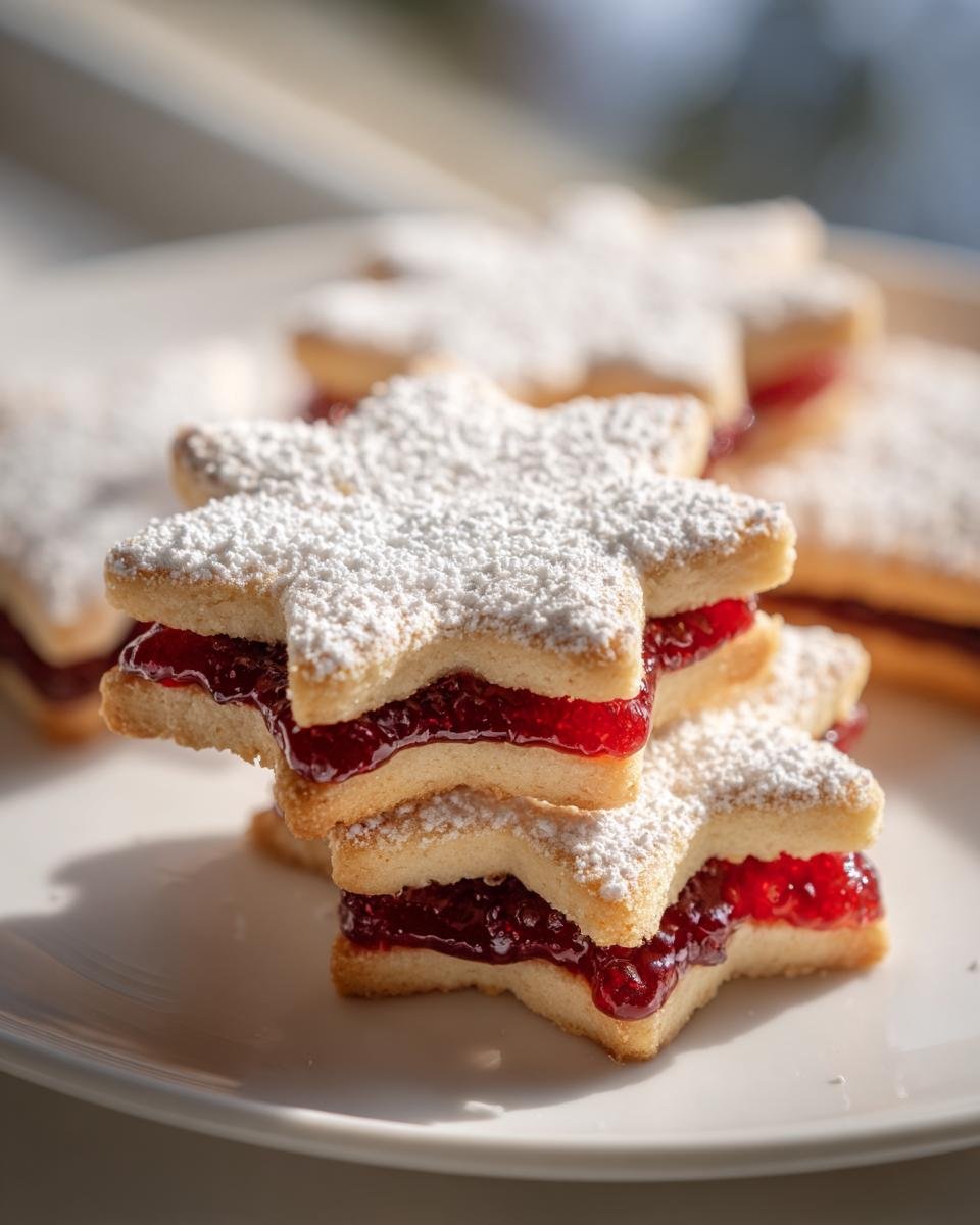 Close-up of stacked Irresistible Snowflake Linzer Cookies filled with bright red raspberry jam and dusted with powdered sugar.