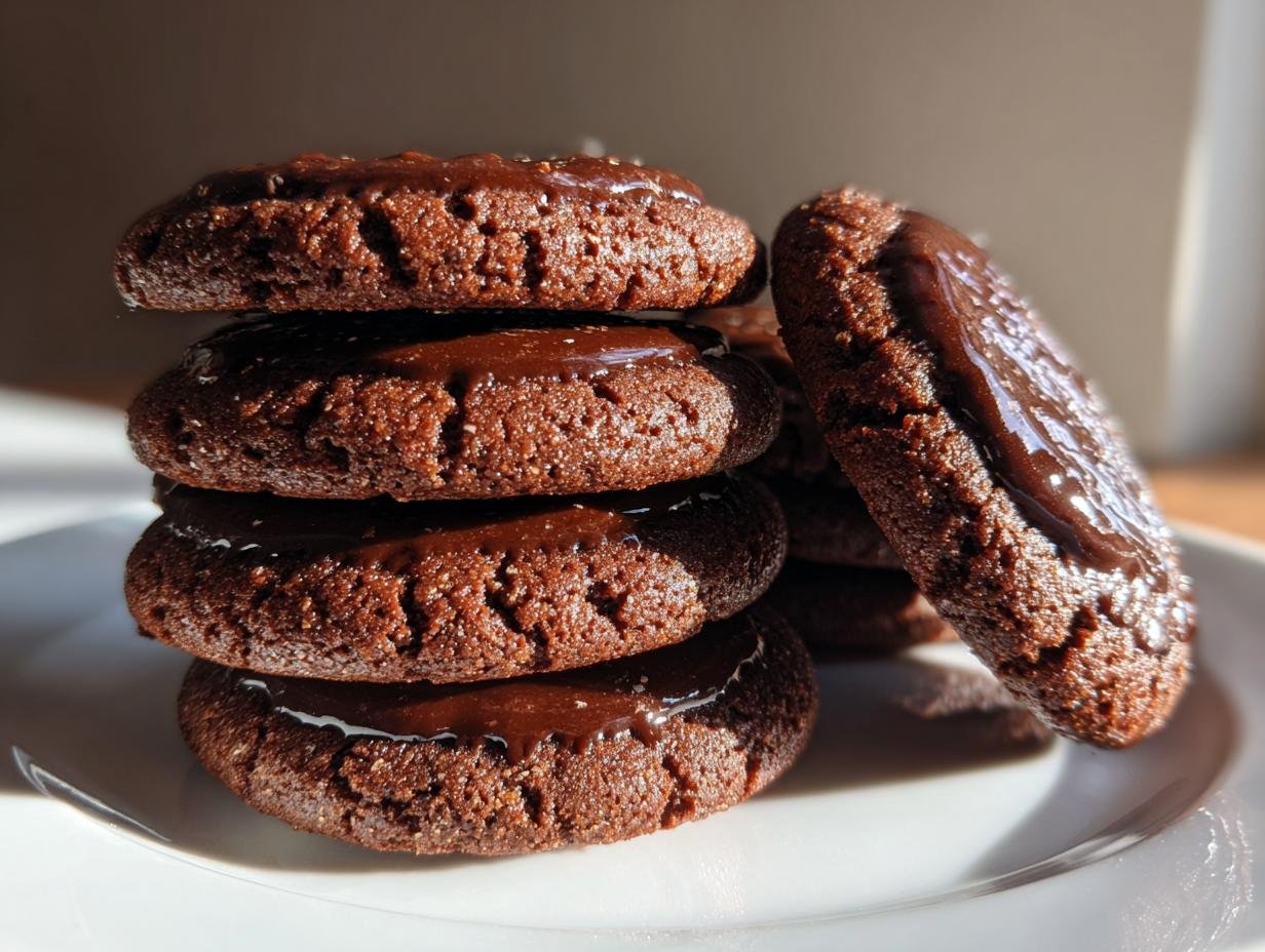 A stack of four Irresistible Soft Gingerbread Cookies drizzled with dark chocolate glaze on a white plate.