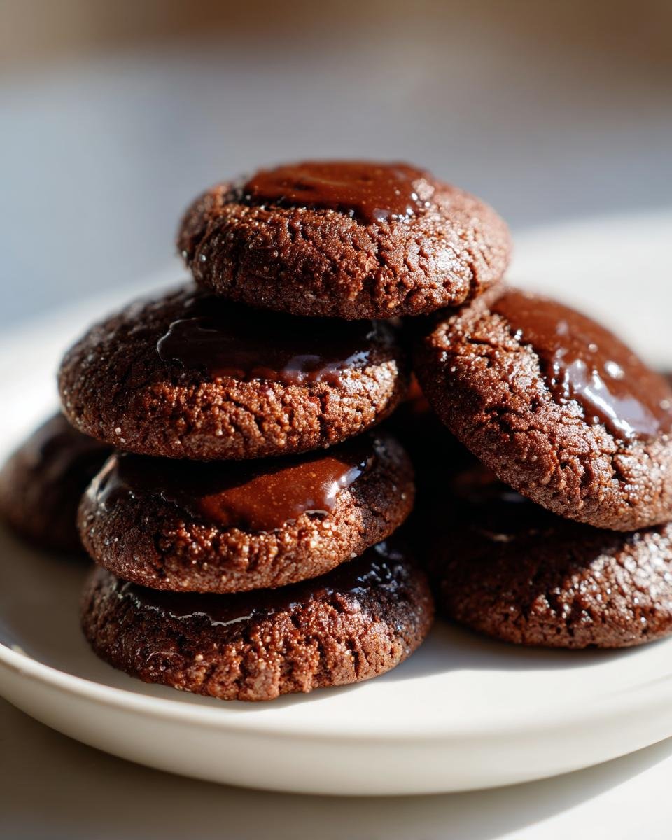 A close-up stack of Irresistible Soft Gingerbread Cookies topped with a shiny chocolate glaze.