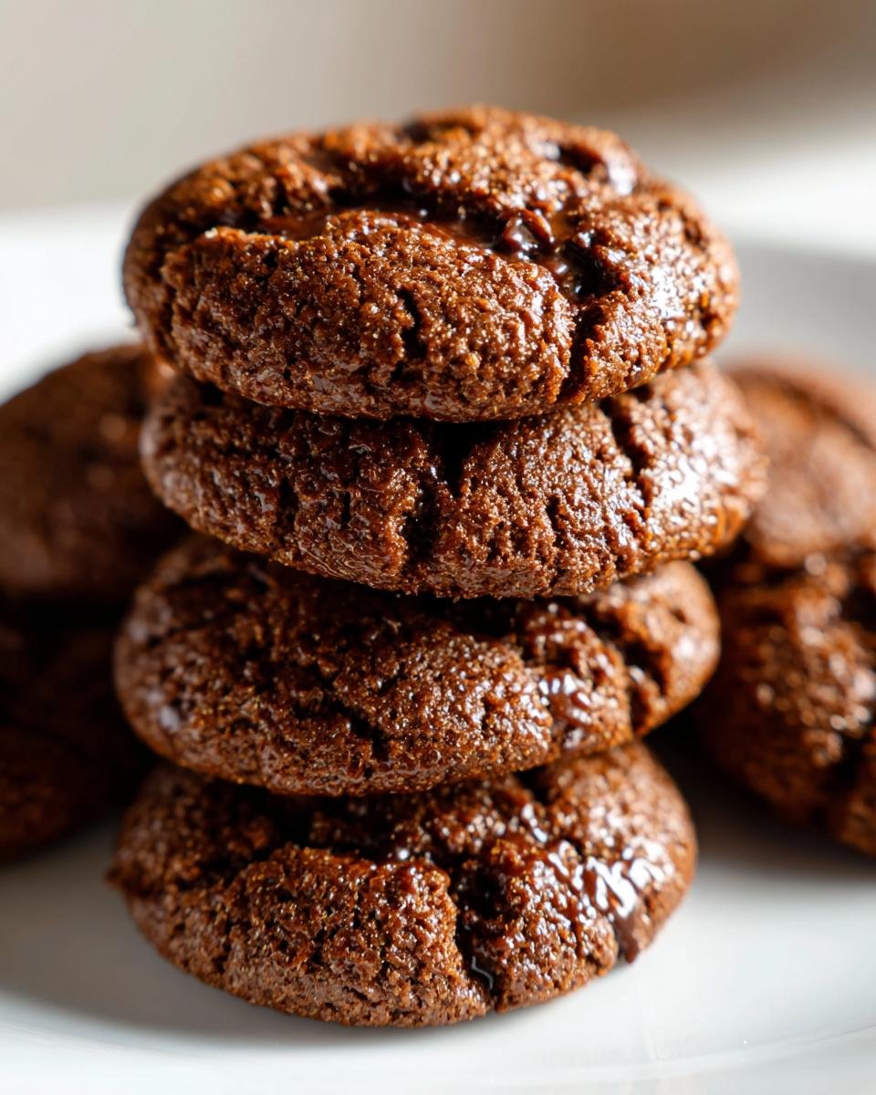 Close-up of a stack of four Irresistible Soft Gingerbread Cookies, dark brown and slightly cracked with visible melted chocolate.