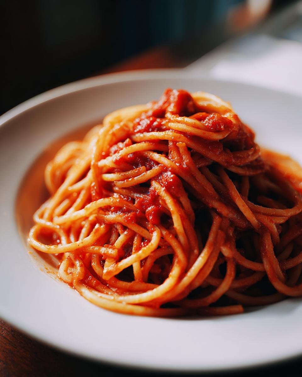 Close-up of spaghetti tossed generously with rich, red Irresistible Homemade Marinara Sauce on a white plate.