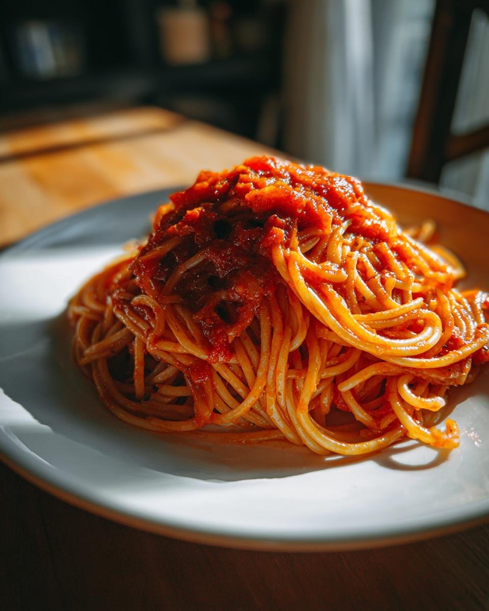 A plate of spaghetti generously topped with rich, red Irresistible Homemade Marinara Sauce, bathed in sunlight.