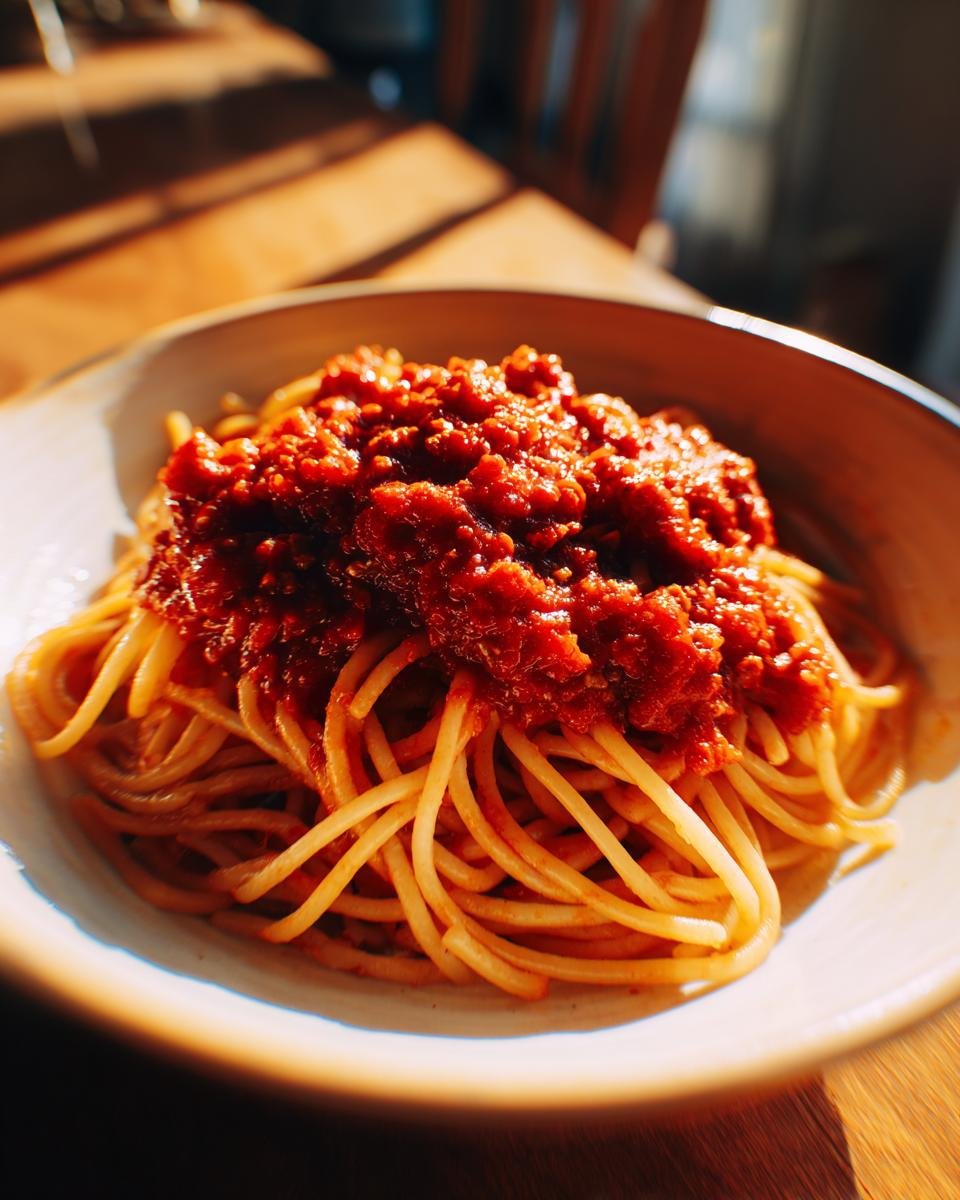 A bowl of spaghetti topped generously with rich, red Irresistible Homemade Marinara Sauce, bathed in sunlight.