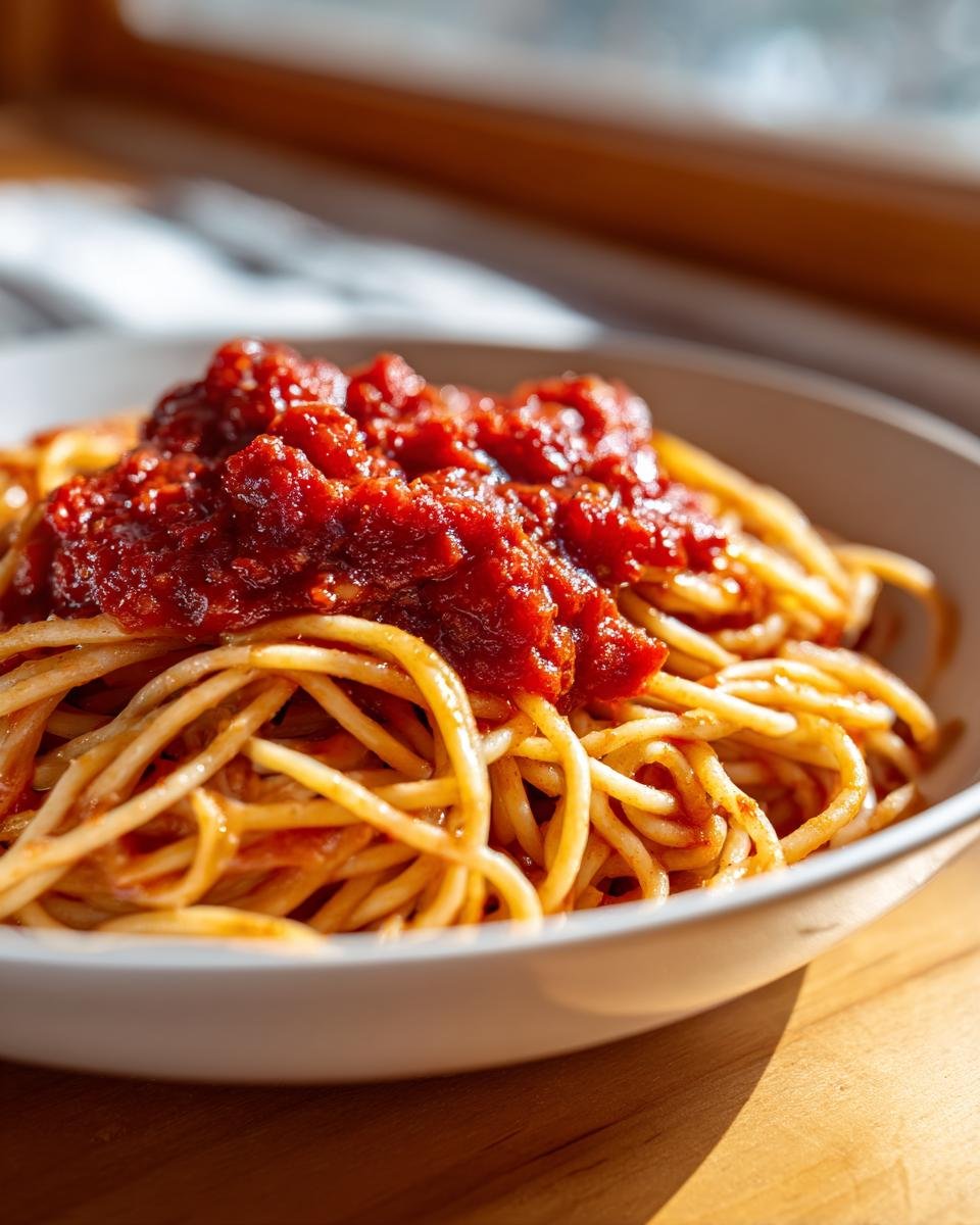 Close-up of spaghetti topped generously with rich, red Irresistible Homemade Marinara Sauce in a white bowl.