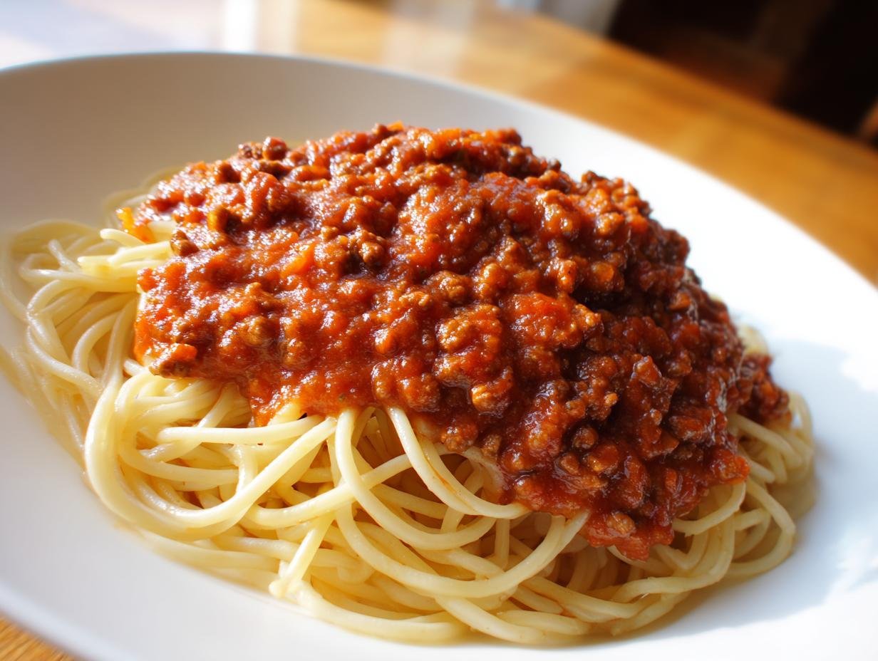 Close-up of spaghetti topped generously with rich, thick Irresistible Homemade Marinara Sauce.