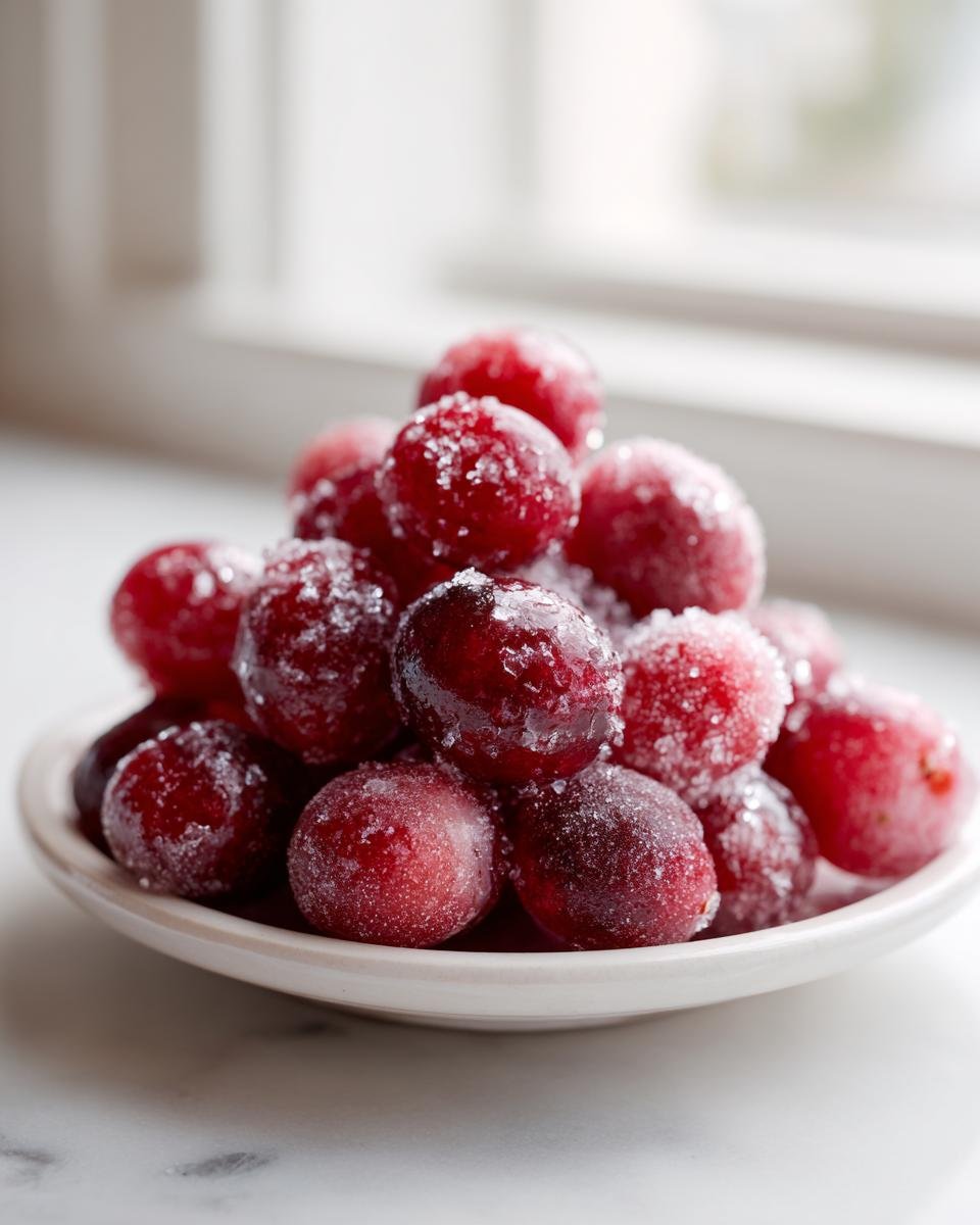 A close-up of Sparkling Sugared Cranberries piled high on a small white dish, glistening with sugar crystals.