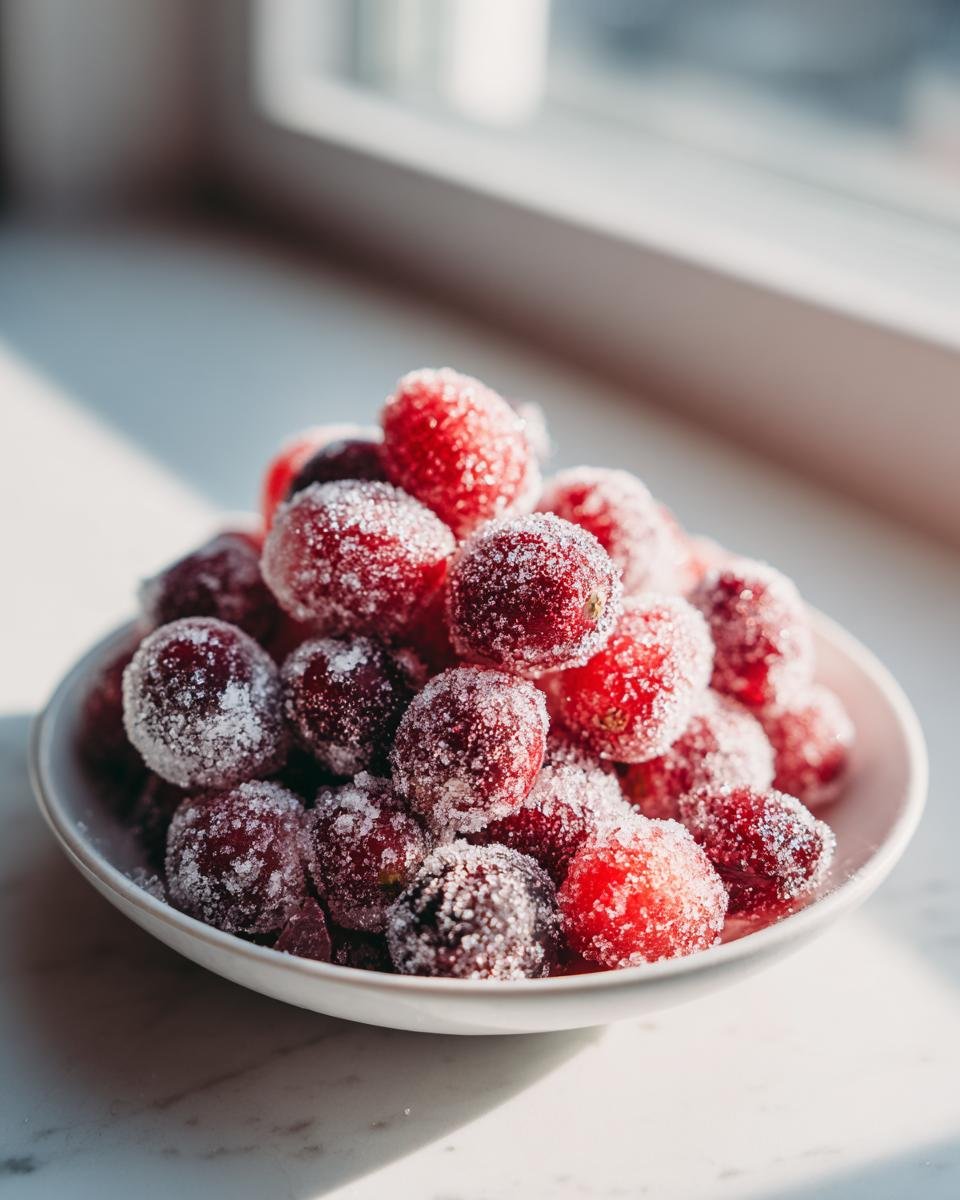 A close-up of bright red Sparkling Sugared Cranberries piled high in a small white bowl, glistening in sunlight.