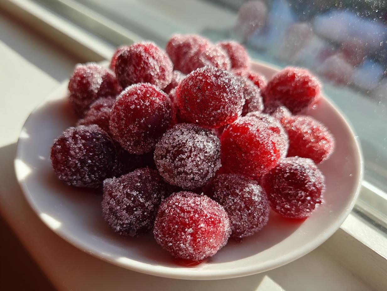 A close-up of Sparkling Sugared Cranberries piled on a small white plate, glistening in the sunlight.