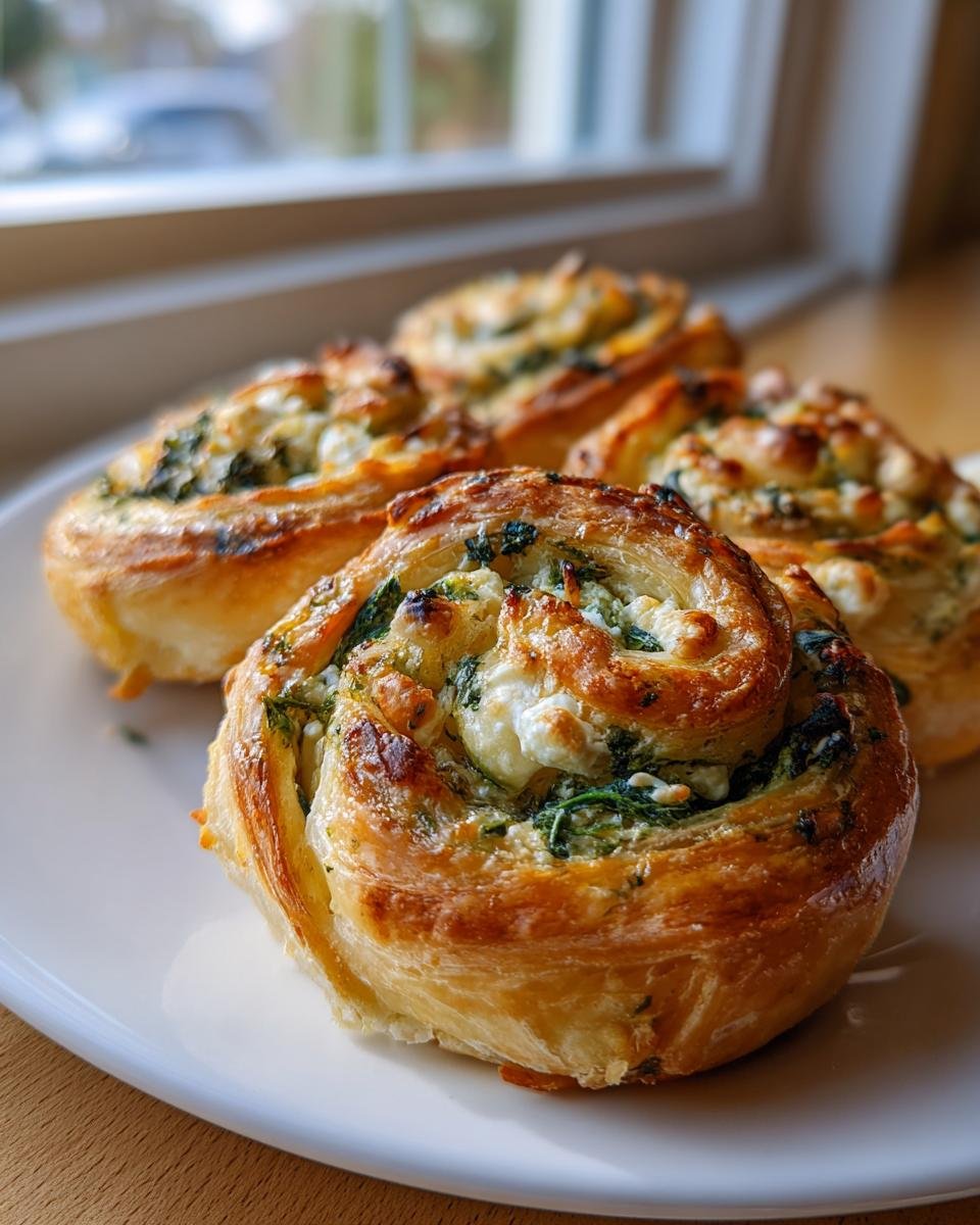 Close-up of several golden brown Irresistible Spinach Feta Pastry Pinwheels arranged on a white plate.
