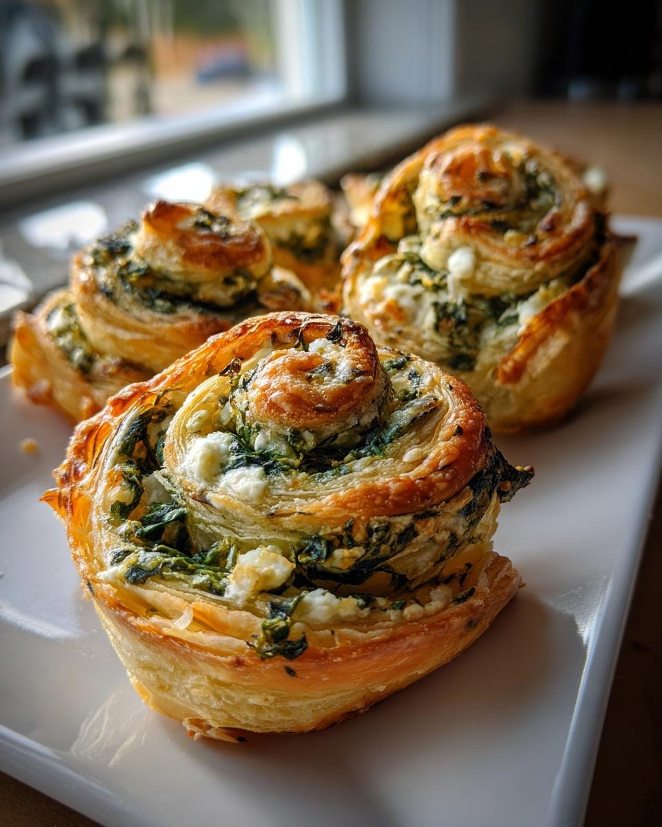 Close-up of golden, flaky Irresistible Spinach Feta Pastry Pinwheels filled with spinach and white feta cheese.