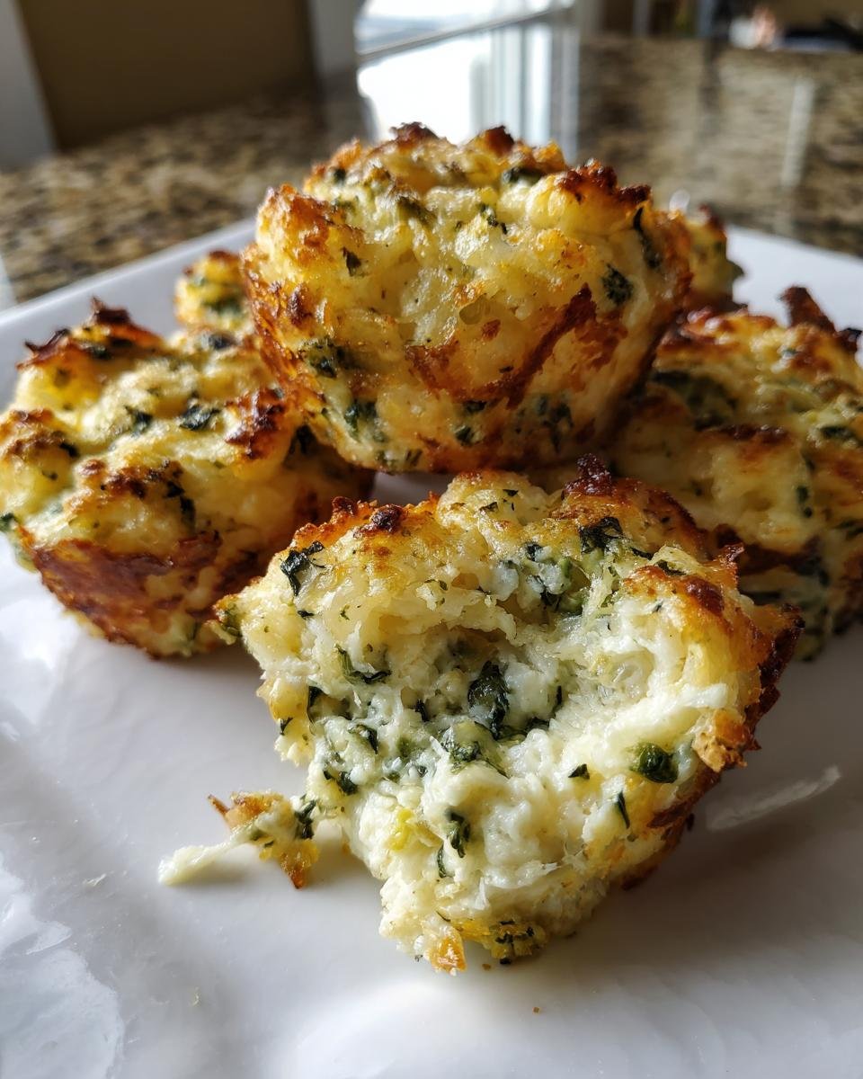 Close-up of golden-brown Spinach Gruyere Tater Tot Hotdish baked into muffin shapes, one is broken open showing cheesy filling.