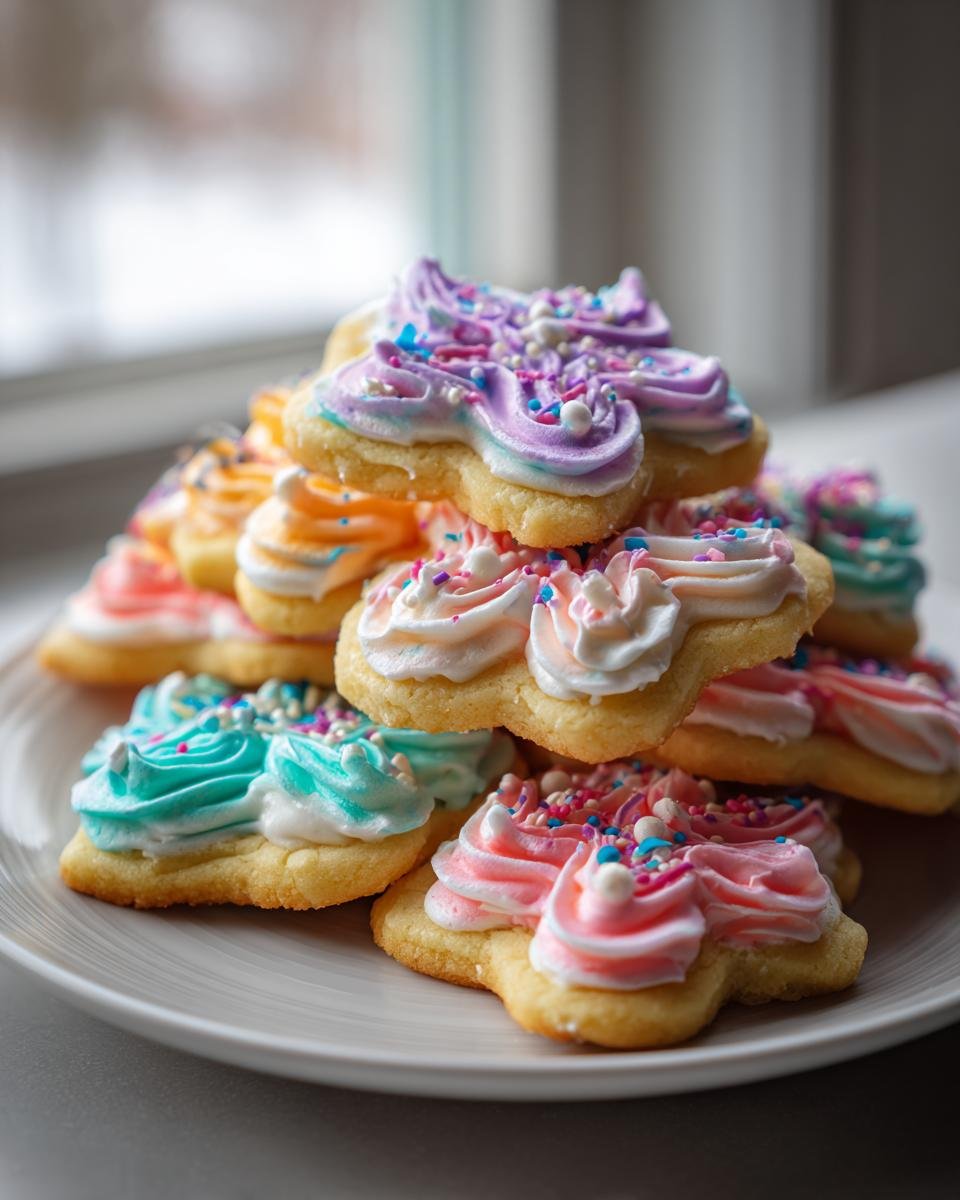 A stack of Irresistible Holiday Sugar Cookies cut into flower shapes, topped with colorful pastel frosting and sprinkles.