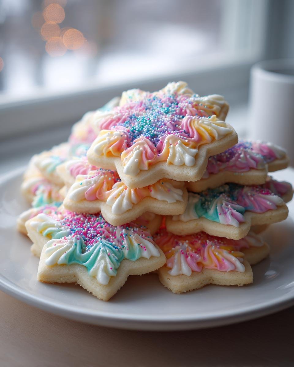 A stack of star-shaped Irresistible Holiday Sugar Cookies decorated with pastel rainbow frosting and sprinkles.