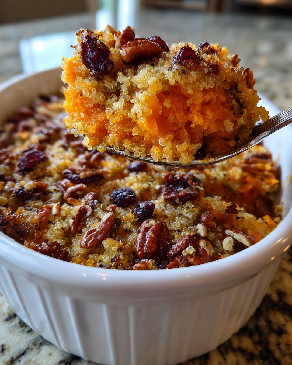 A spoonful of Irresistible Sweet Potato Quinoa Casserole topped with pecans and dried cranberries being lifted from a white baking dish.