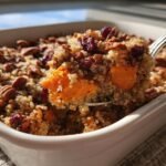 A spoonful of Irresistible Sweet Potato Quinoa Casserole with pecans and cranberries being lifted from a white dish.