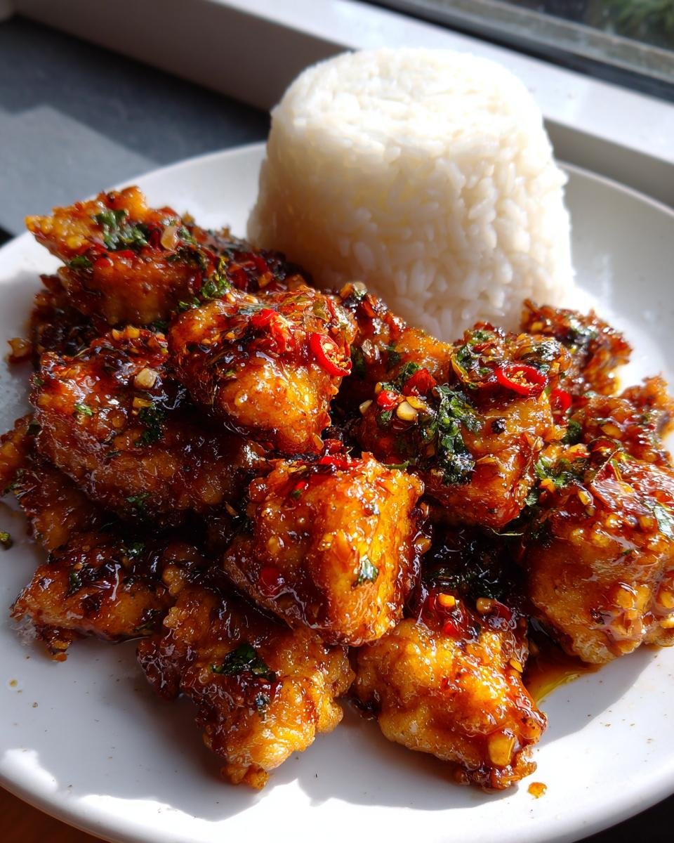 Close-up of Irresistible Sweet And Spicy Thai Chicken Recipe Delight coated in glaze and served with a mound of white rice.