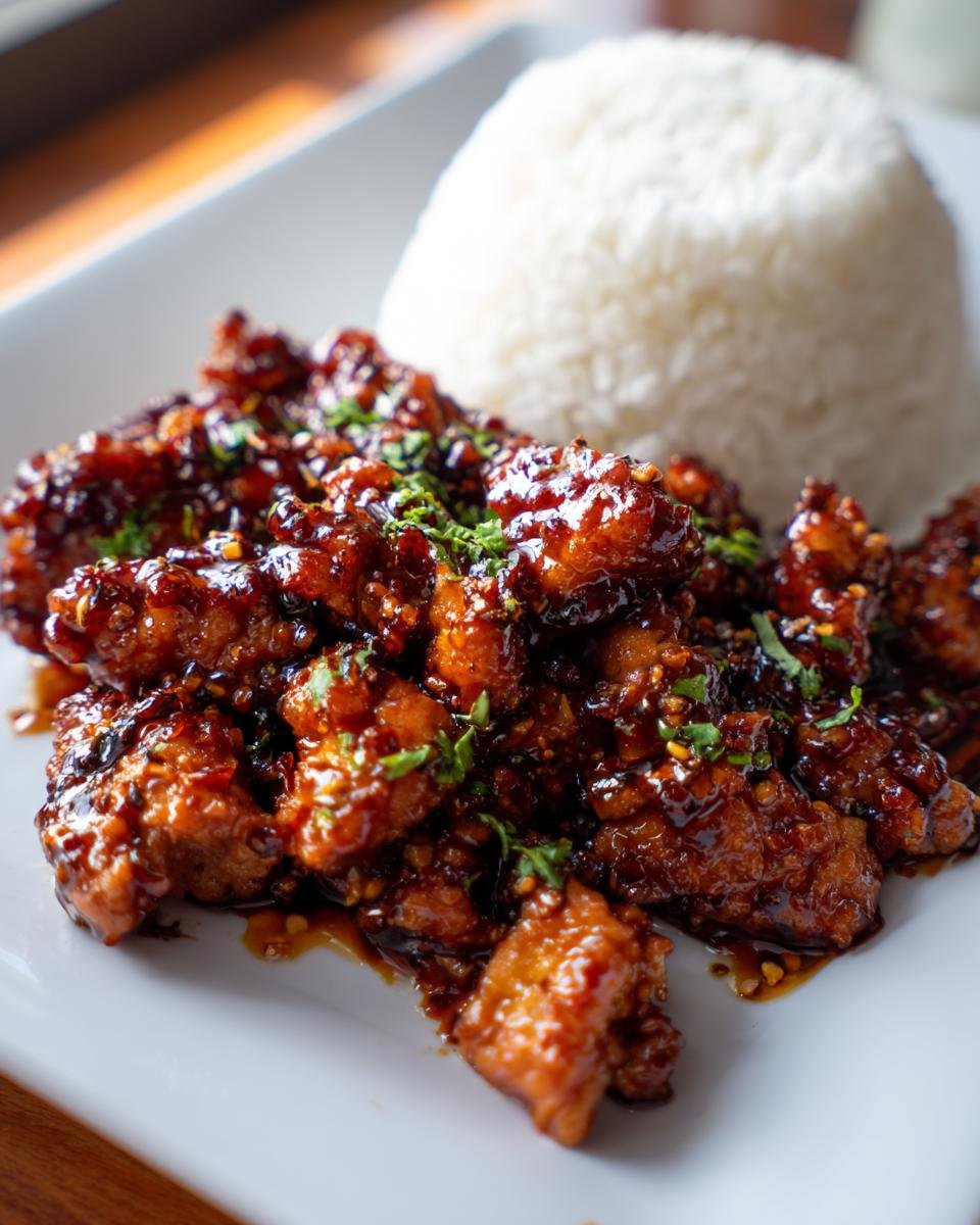 Close-up of Irresistible Sweet And Spicy Thai Chicken Recipe Delight coated in dark glaze, served next to a mound of white rice.