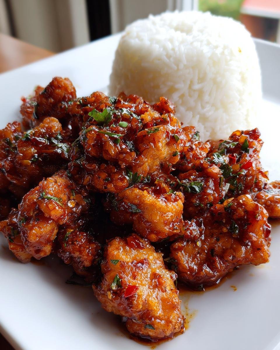 Close-up of Irresistible Sweet And Spicy Thai Chicken Recipe Delight coated in glossy sauce next to a mound of white rice.
