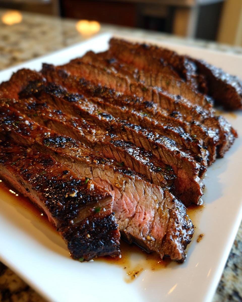 Close-up of perfectly sliced Irresistible Tender Grilled Marinated Flank Steak, showing a medium-rare center and caramelized exterior.