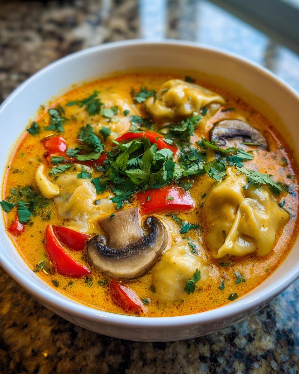 A close-up of a white bowl filled with Irresistible Thai Coconut Curry Dumpling Soup, featuring dumplings, mushrooms, red peppers, and cilantro.