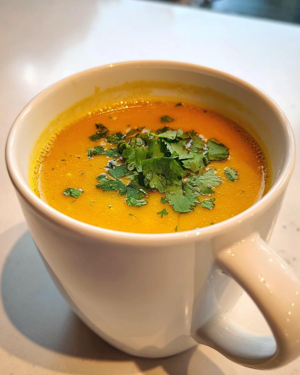 Close-up of a vibrant orange Irresistible Thai Coconut Pumpkin Soup topped with fresh cilantro in a white mug.