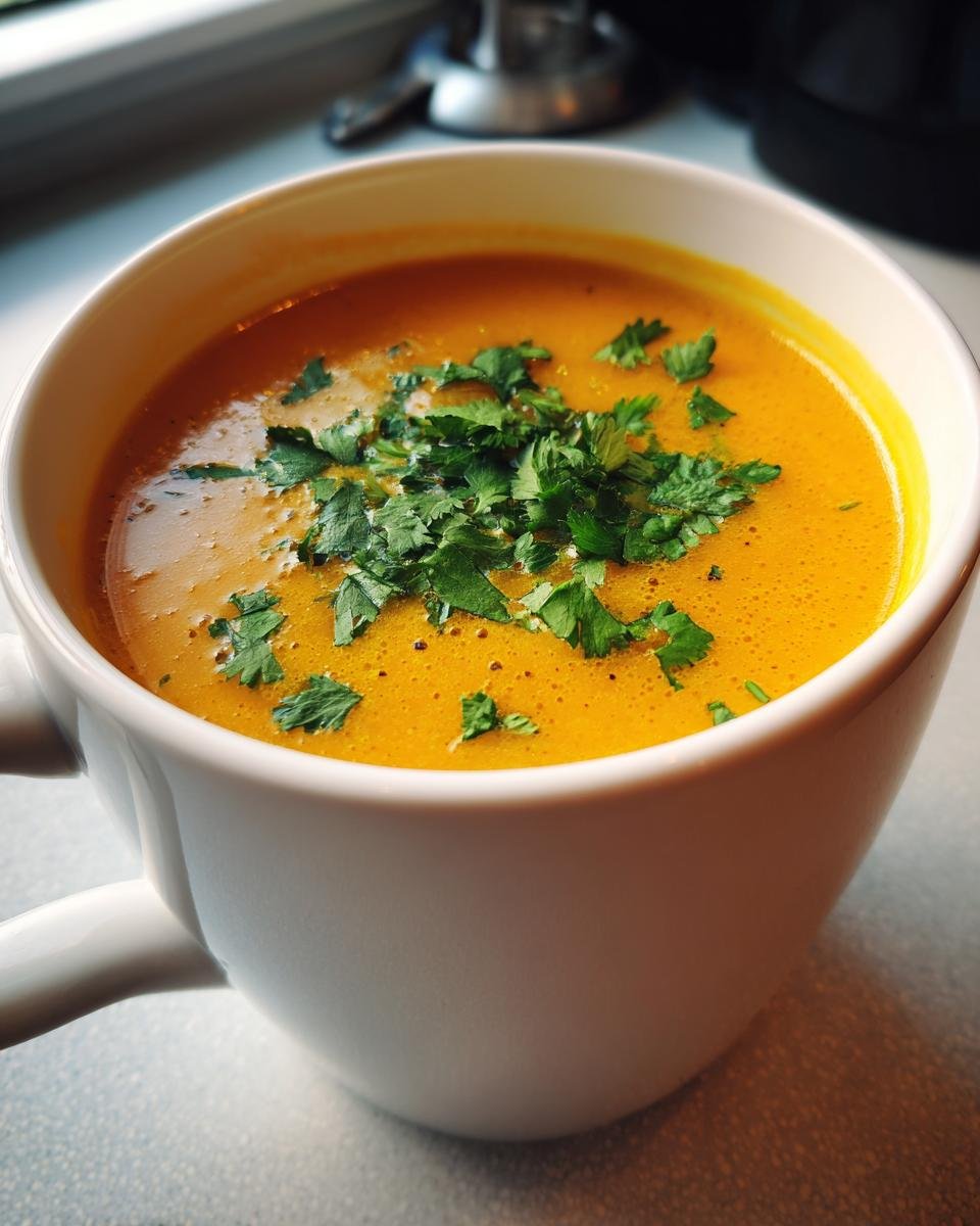 A close-up of a white mug filled with vibrant orange Irresistible Thai Coconut Pumpkin Soup, garnished with fresh cilantro.