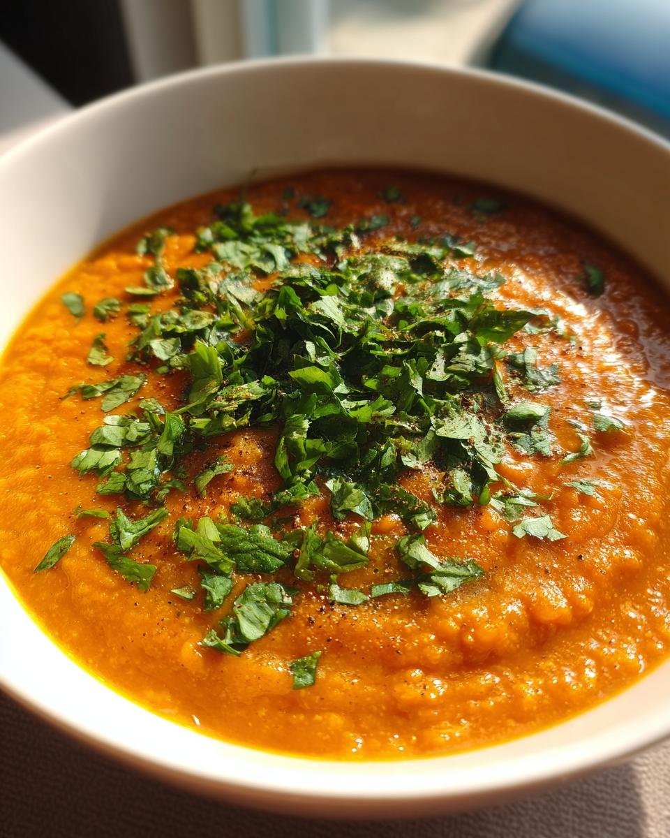 Close-up of a vibrant orange bowl of Irresistible Thai Coconut Red Lentil Soup topped with fresh chopped cilantro.