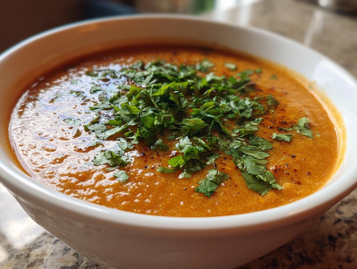 Close-up of a bowl of creamy, orange Irresistible Thai Coconut Red Lentil Soup topped with fresh chopped cilantro.