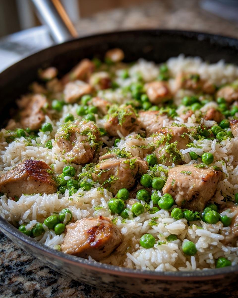 Close-up of Tropical Coconut Lime Chicken Rice Skillet with bright green peas and lime zest.
