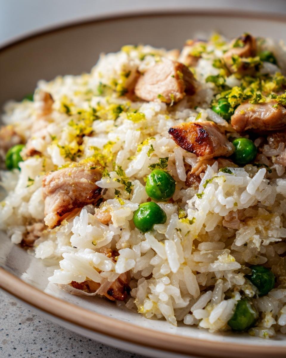 Close-up of Tropical Coconut Lime Chicken Rice Skillet with white rice, chunks of chicken, and bright green peas.