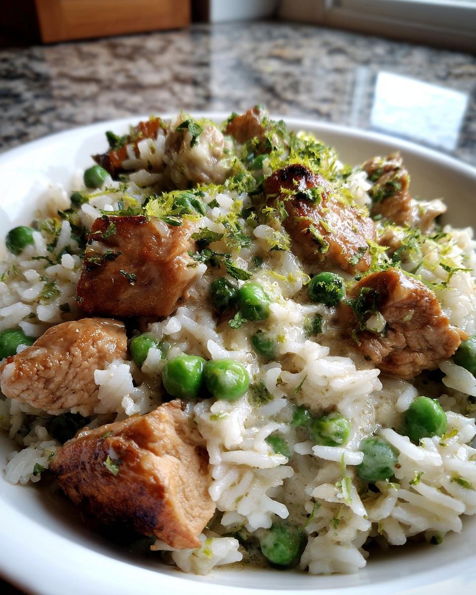 Close-up of Tropical Coconut Lime Chicken Rice Skillet with chicken pieces, peas, and lime zest.