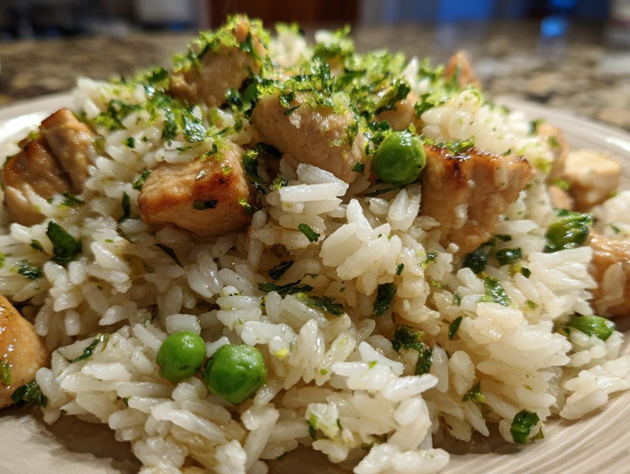 Close-up of Tropical Coconut Lime Chicken Rice Skillet with visible white rice, seared chicken pieces, and green peas.