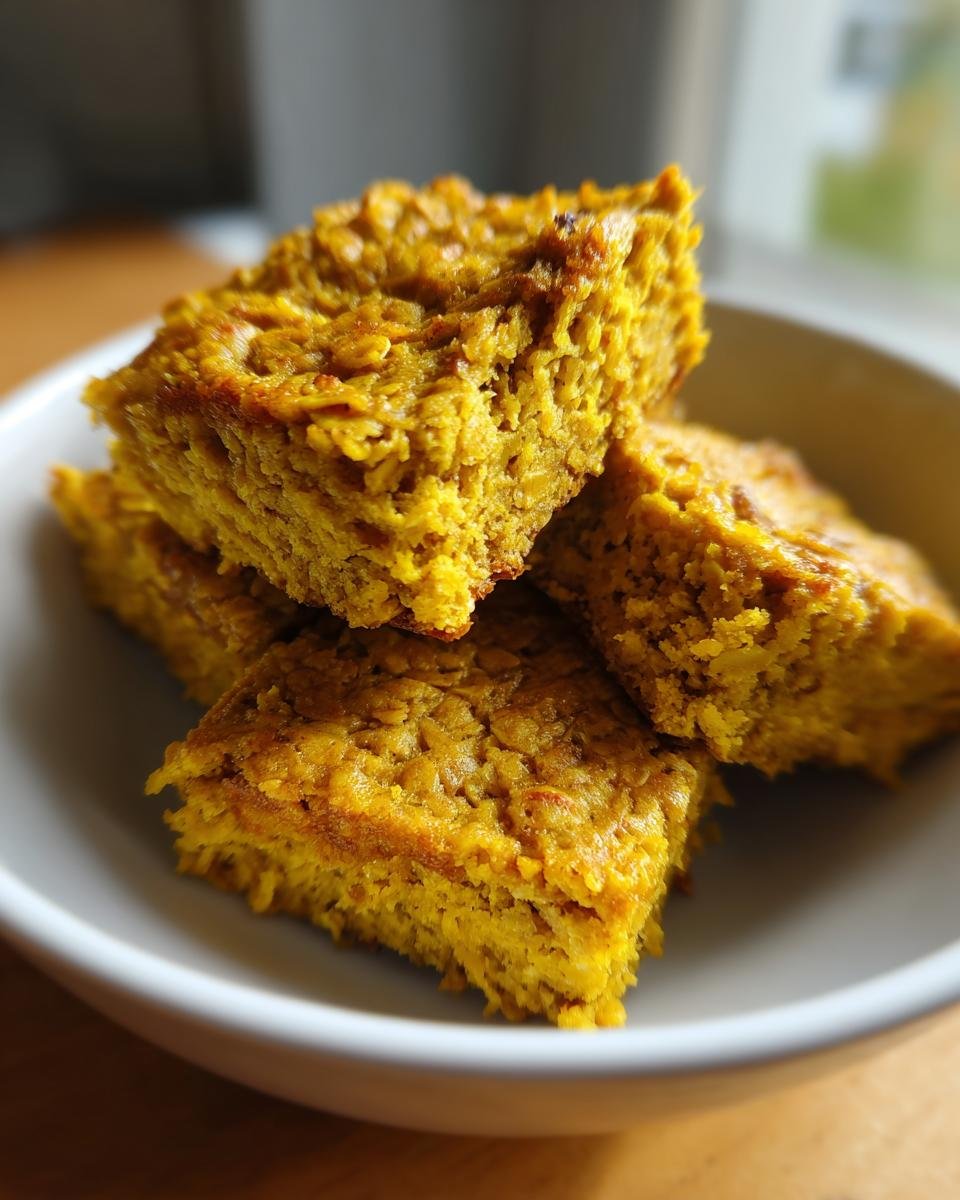 Close-up of four square pieces of bright yellow Irresistible Turmeric Coconut Oat Bake stacked in a white bowl.