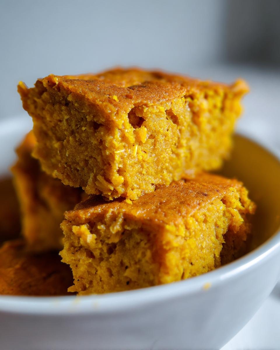 Close-up of stacked, bright orange pieces of Irresistible Turmeric Coconut Oat Bake in a white bowl.