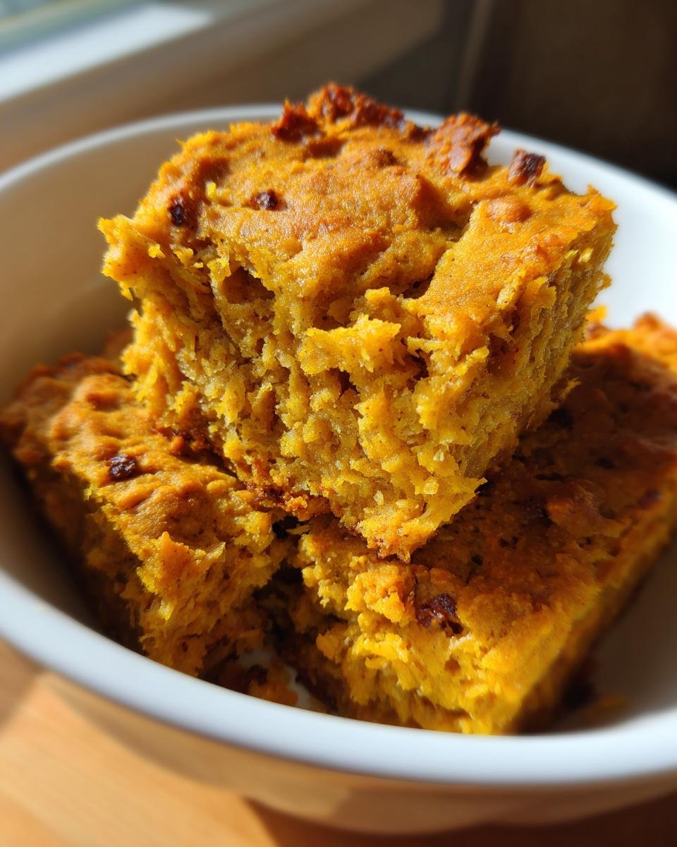 Close-up of two moist squares of Irresistible Turmeric Coconut Oat Bake stacked in a white bowl.