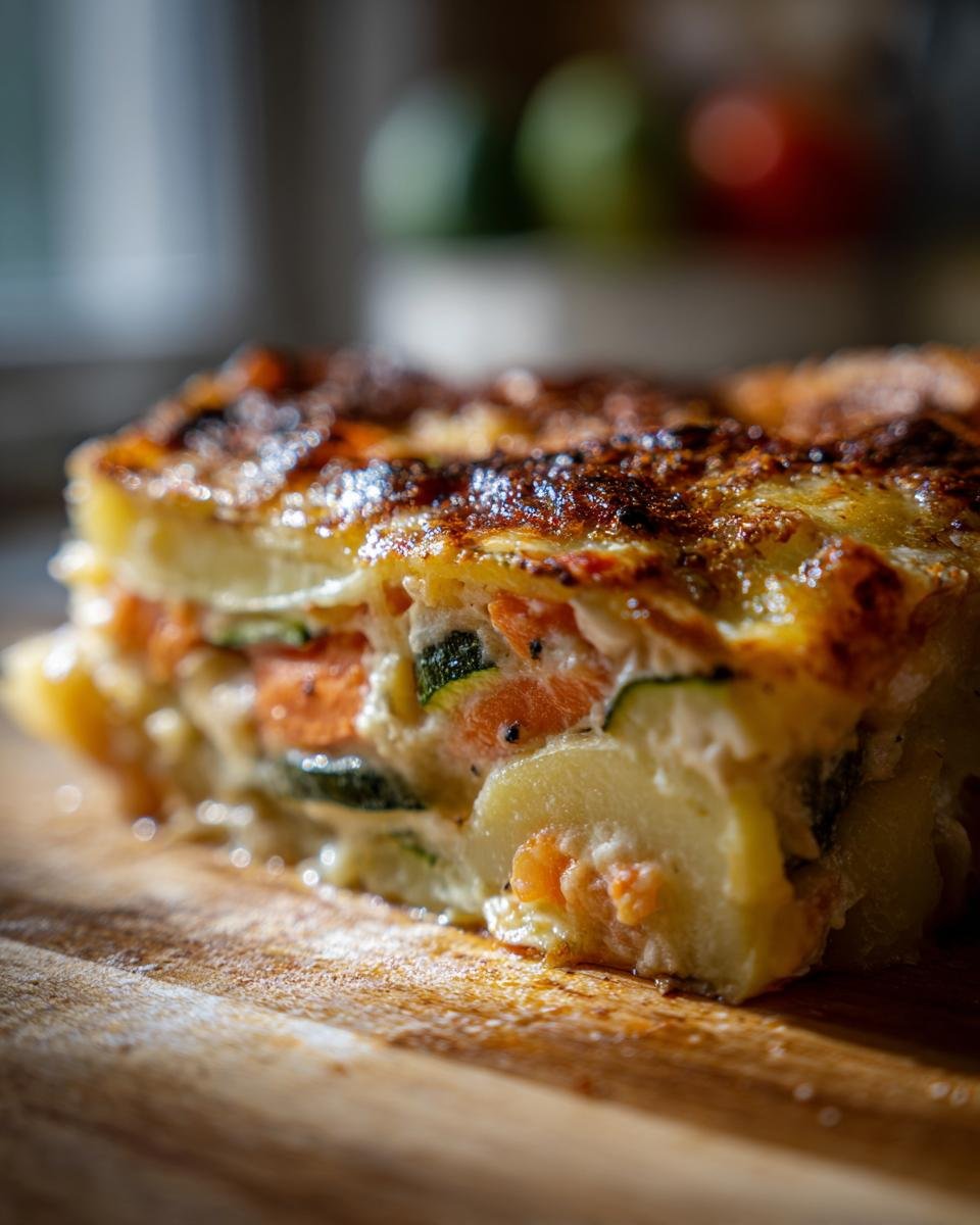 Close-up of a layered slice of Irresistible Garden To Table Veggie Gratin with potatoes, carrots, and zucchini, featuring a browned, cheesy top.