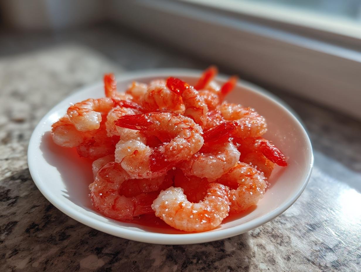 Close-up of bright pink shrimp coated in brine or seasoning, served in a small white bowl for the Zesty 15 Minute Pickle Brine Shrimp Recipe Delight.