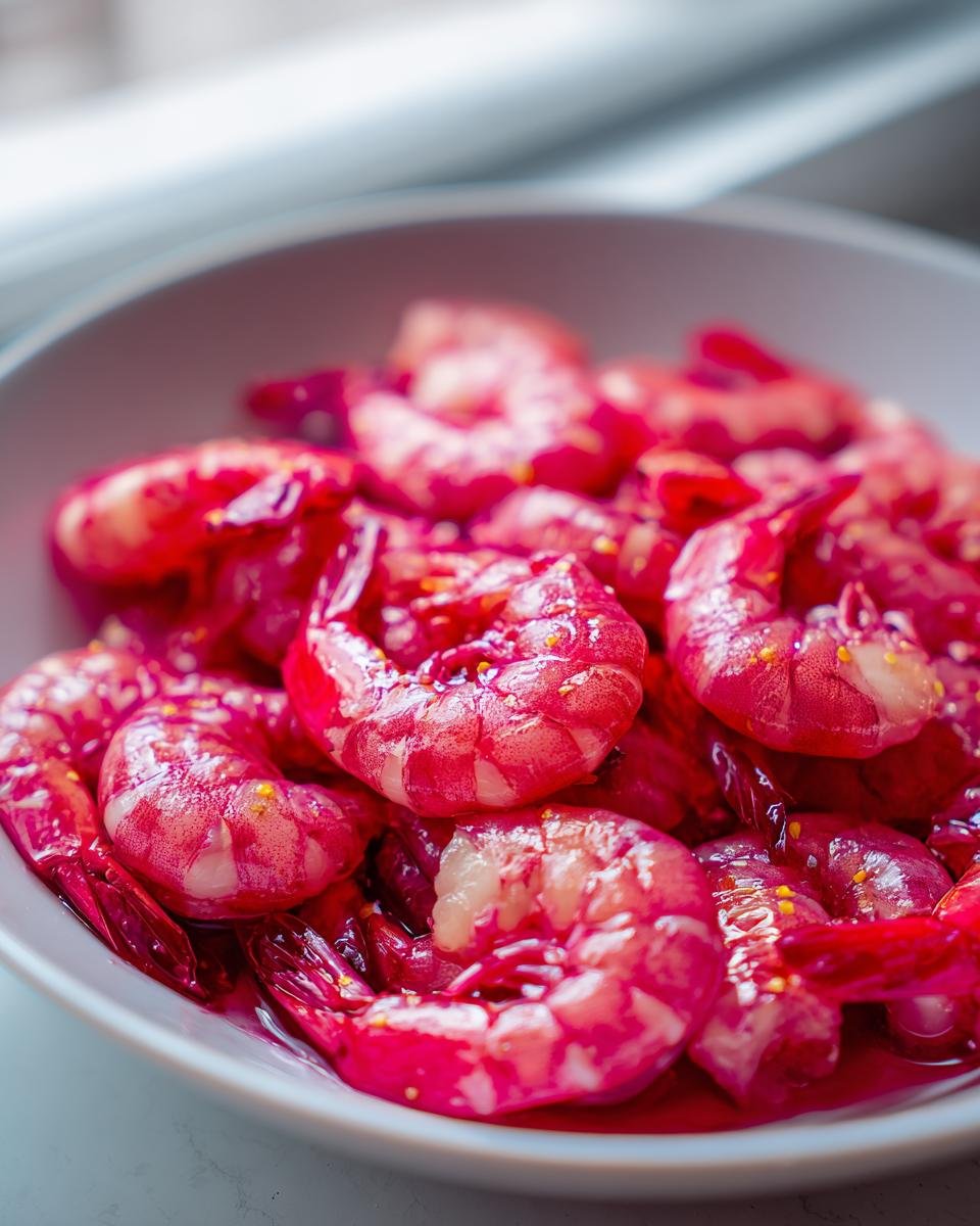 Close-up of bright pink shrimp soaking in liquid, ready for the Zesty 15 Minute Pickle Brine Shrimp Recipe Delight.