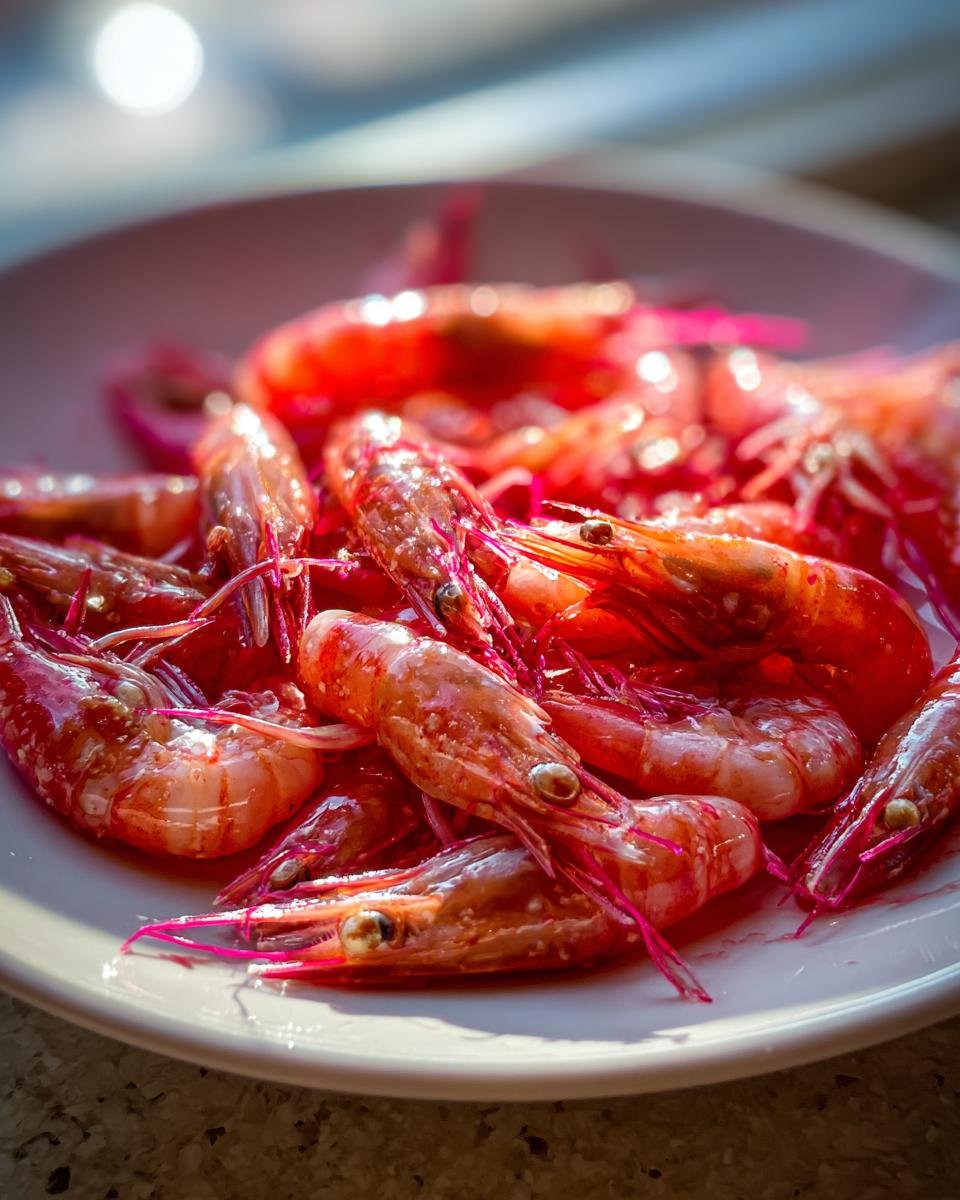 Close-up of bright red shrimp piled on a white plate, ready for the Zesty 15 Minute Pickle Brine Shrimp Recipe Delight.