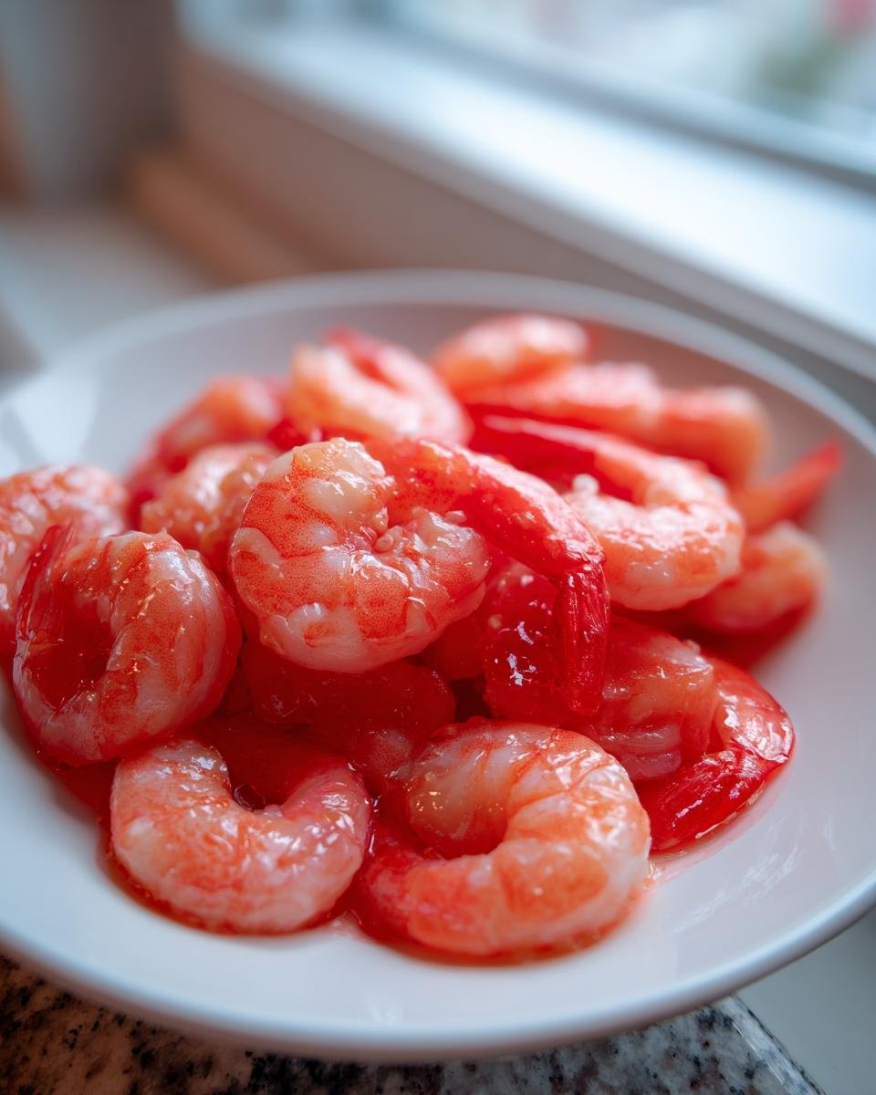 Close-up of cooked, pink shrimp soaking in red liquid, likely pickle brine, for the Zesty 15 Minute Pickle Brine Shrimp Recipe Delight.